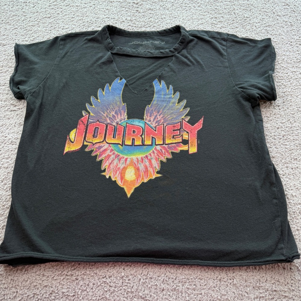 Journey Band Tee Women Large Black Cutout V-Neck Cropped Graphic T-Shirt 2017